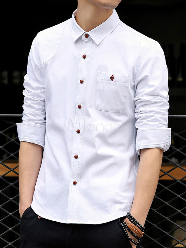 Camisa de algodón botones de blanca para los hombres