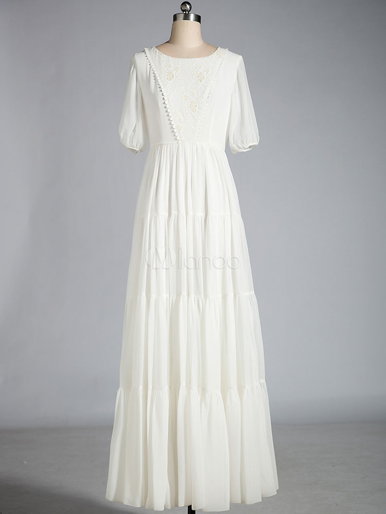 White Maxi Dress Short Sleeves Chiffon Dress - Milanoo.com
