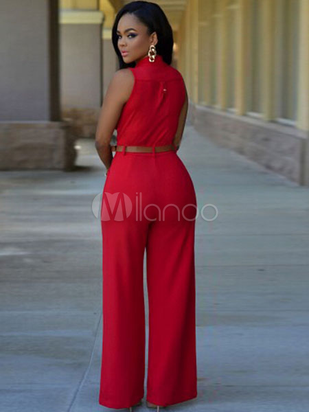 Sash Buttons Jumpsuit Rose Red Polyester Jumpsuit for Women - Milanoo.com