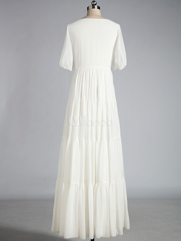 White Maxi Dress Short Sleeves Chiffon Dress - Milanoo.com