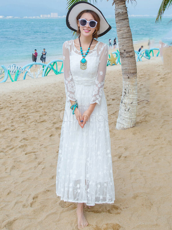 Lace Maxi Dress White Women Sheer Long Beach Dress - Milanoo.com