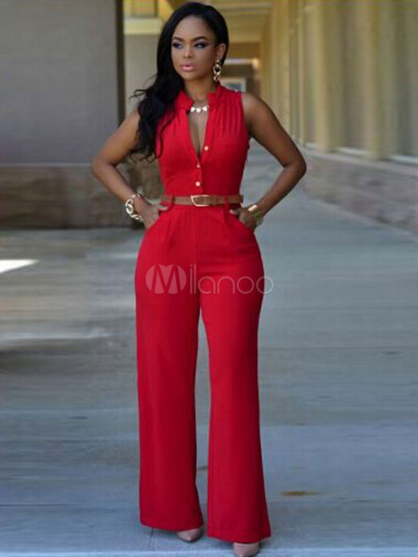 Sash Buttons Jumpsuit Rose Red Polyester Jumpsuit for Women - Milanoo.com