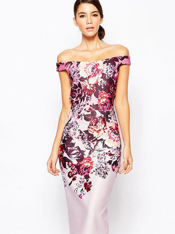 Print Bodycon Dress Multicolor Off-The-Shoulder Spandex Dress - Milanoo.com
