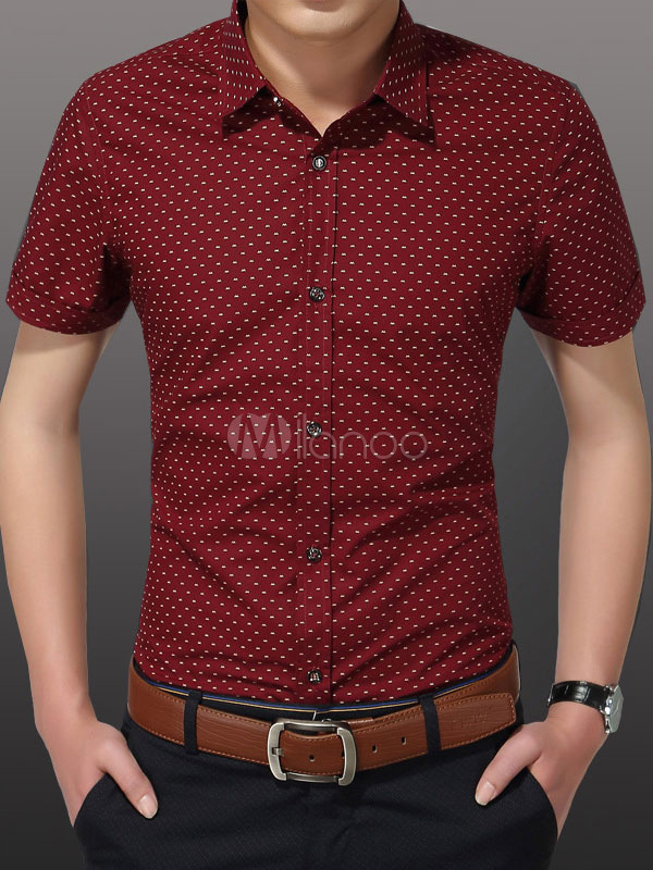 Burgundy Shirt Short Sleeve Cotton Shirt for Men - Milanoo.com