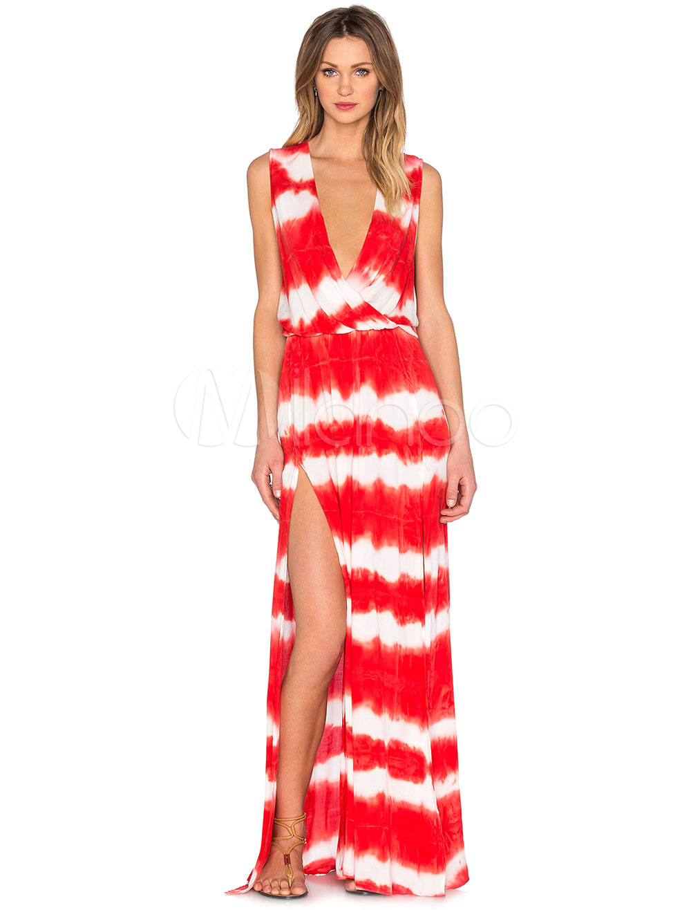 Red Low Cut Maxi Dress Split Sexy Dress