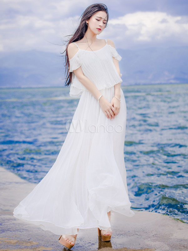 white cold shoulder maxi dress