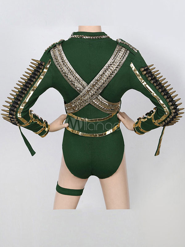 Green Army Uniform Bodysuit Jazz Dance Costume