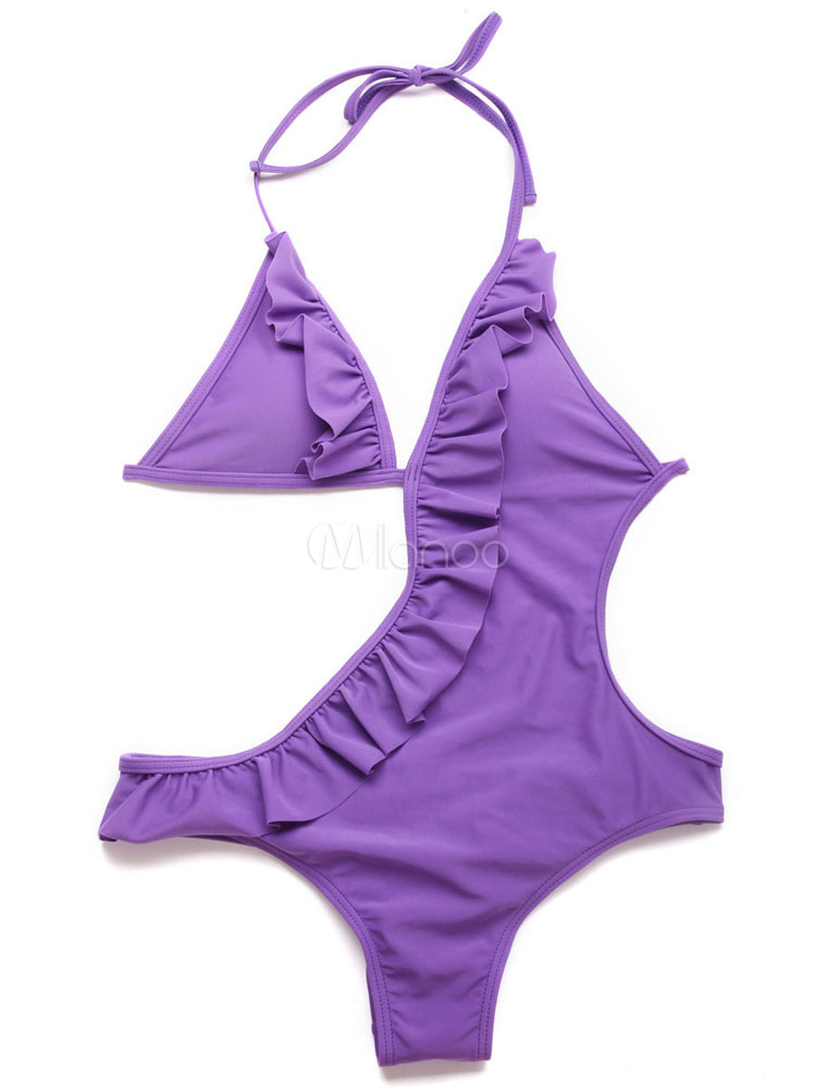 Purple Monokini Ruffles Halter Straps Spandex Swimsuit - Milanoo.com