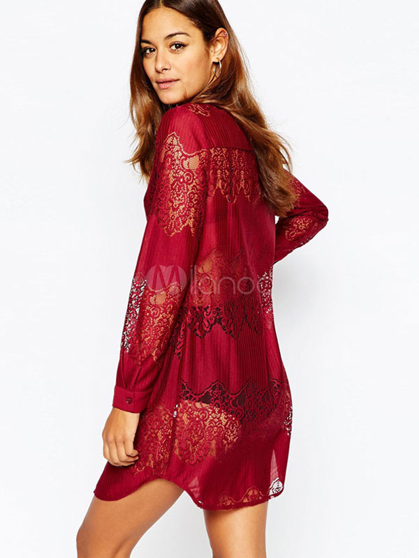 Red Shirt Dress Lace Women Long Sleeve Mini Dress Shift Dress