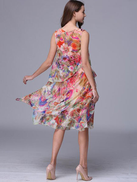 Multicolor Shift Dress Chic Floral Print Chiffon Dress - Milanoo.com