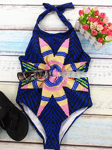 Multicolor Monokini Cut Out Print Halter Spandex Swimsuit for Women ...