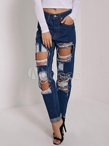 calça jeans larga rasgada feminina