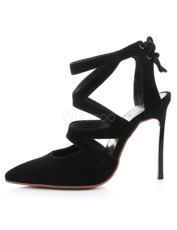 Femmes Noir Bout Pointu Chaussure Stiletto-Boots avec talon Cut-Out 