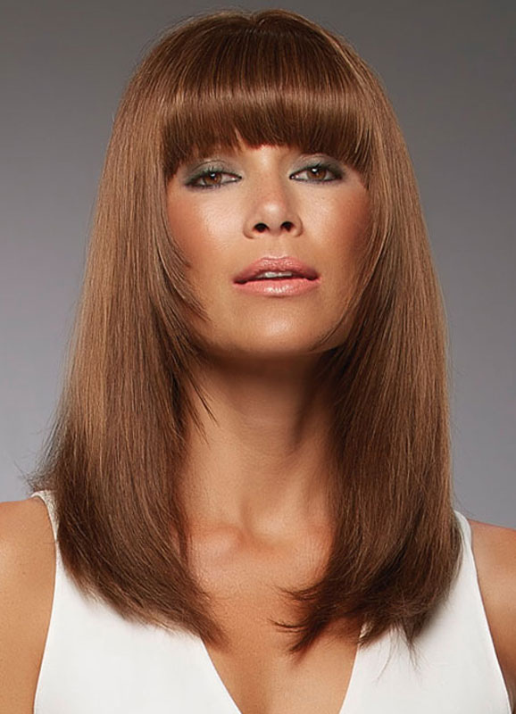Moda Mujer Accesorios | Castaño marrón peluca flequillo recto medio peluca sintética para las mujeres - HX09301