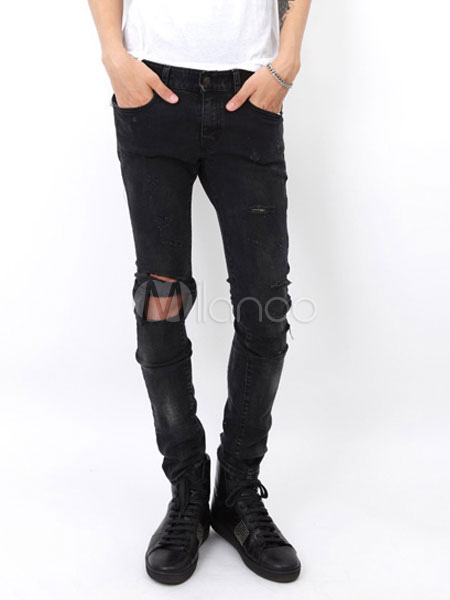 Skinny Jeans hombres de negro pantalones vaqueros rotos apenados Milanoo.com