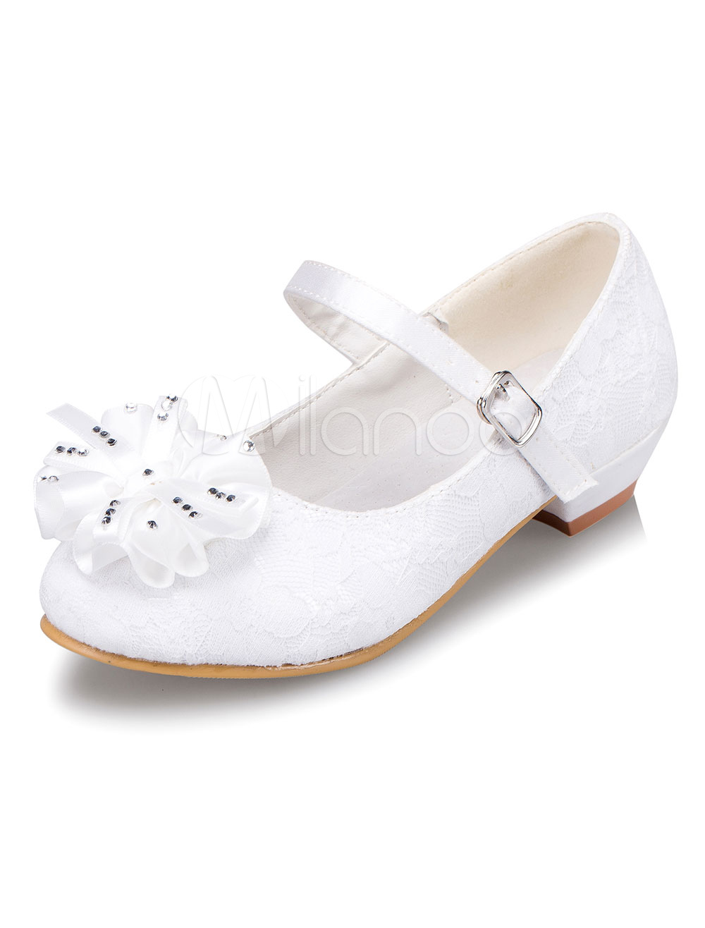 White Flower Girl Shoes Flower Lace Straps PU Shoes for Girls - Milanoo.com