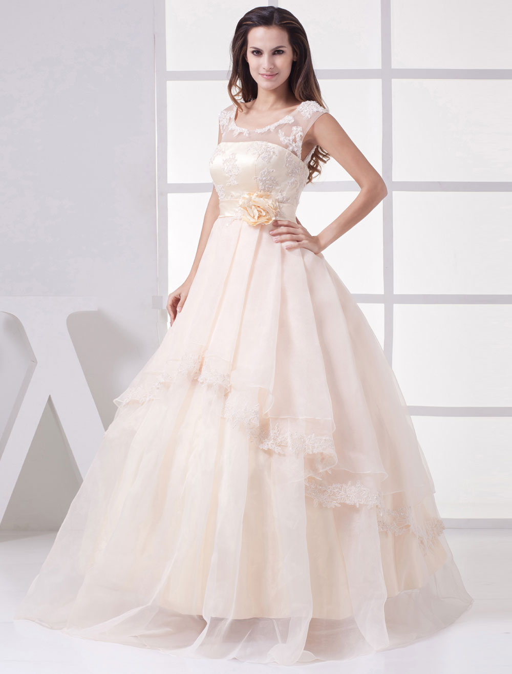 Champagne A Line Embroidered Floral Midi Wedding Guest Dress