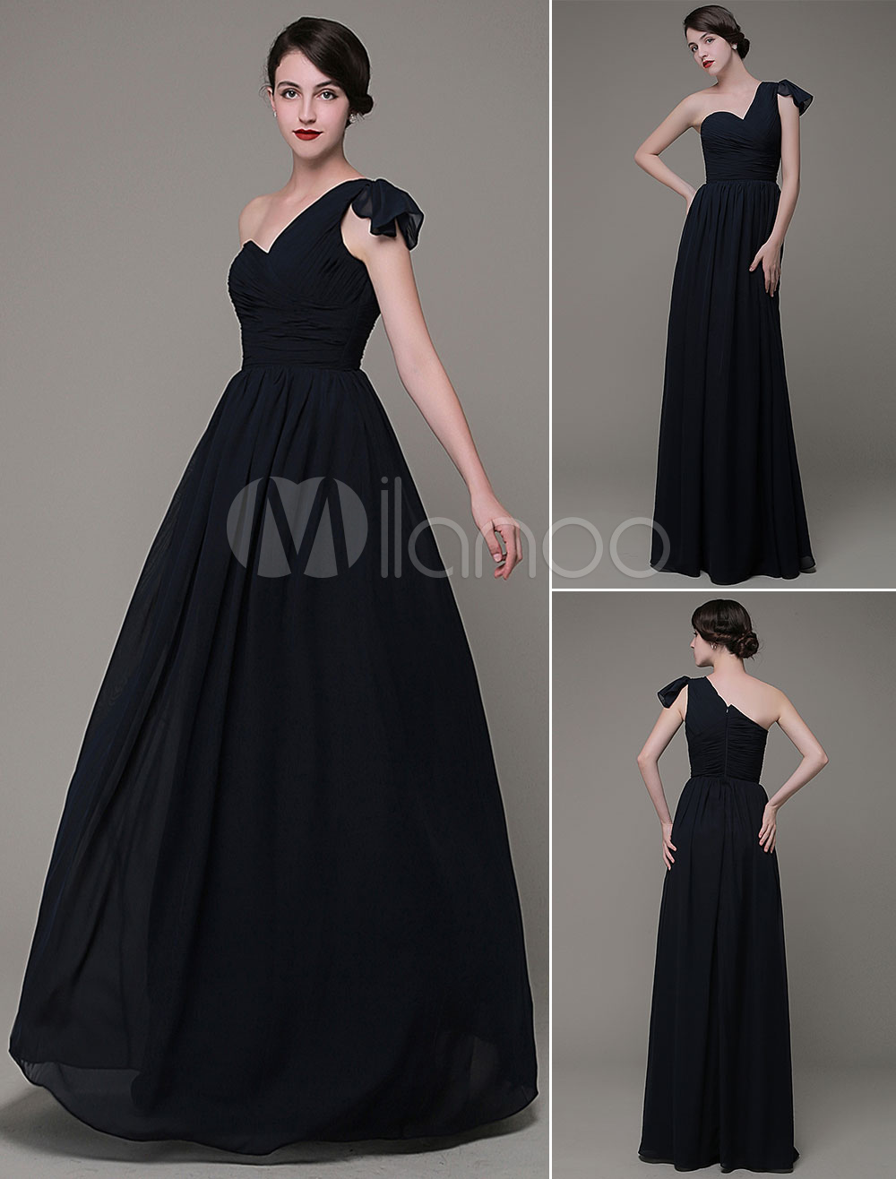 Black Prom Dress One-Shoulder Pleated Floor-Length Evening Dress ...