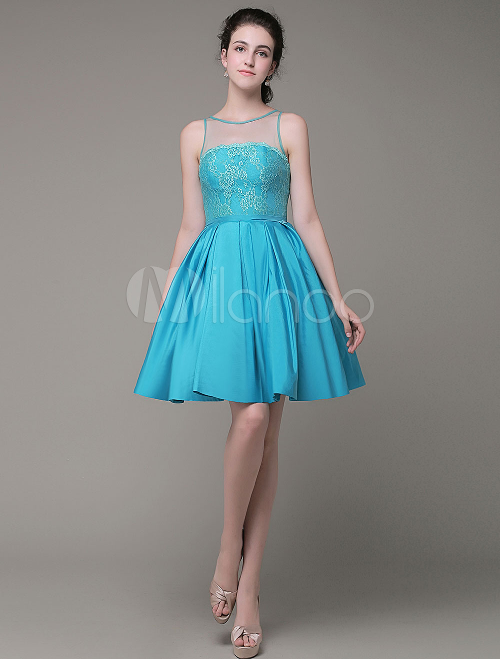A-Line Prom Dress Lace Jewel Taffeta Pleated Knee-Length Homecoming ...