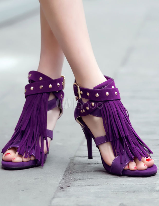 purple fringe heels