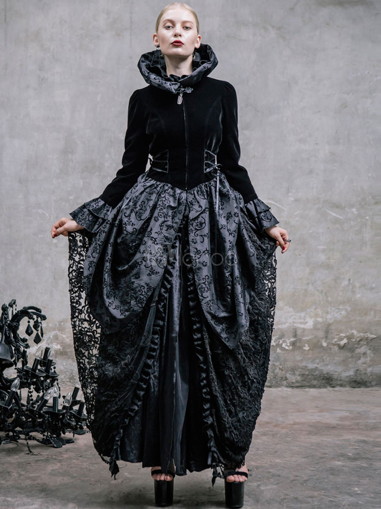 Costumes Costumes | Black Retro Costume Gothic Long Sleeve Ruffle Vintage Dress Halloween - KG42758