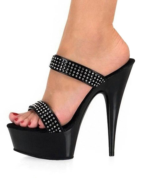 Women Sexy Shoes Black Platform Open Toe Rhinestones Slide Sandals High ...
