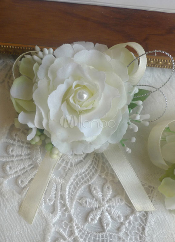 Petite Rose blanche boutonnière avec perle - Milanoo.com