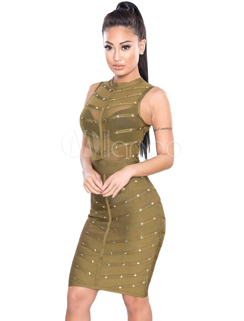 Army Green Studded Bandage Dress