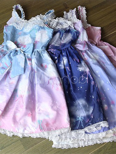Sweet Organza Lolita Jumper Skirt Rainbow Cotton Candy Print Lace Trim ...