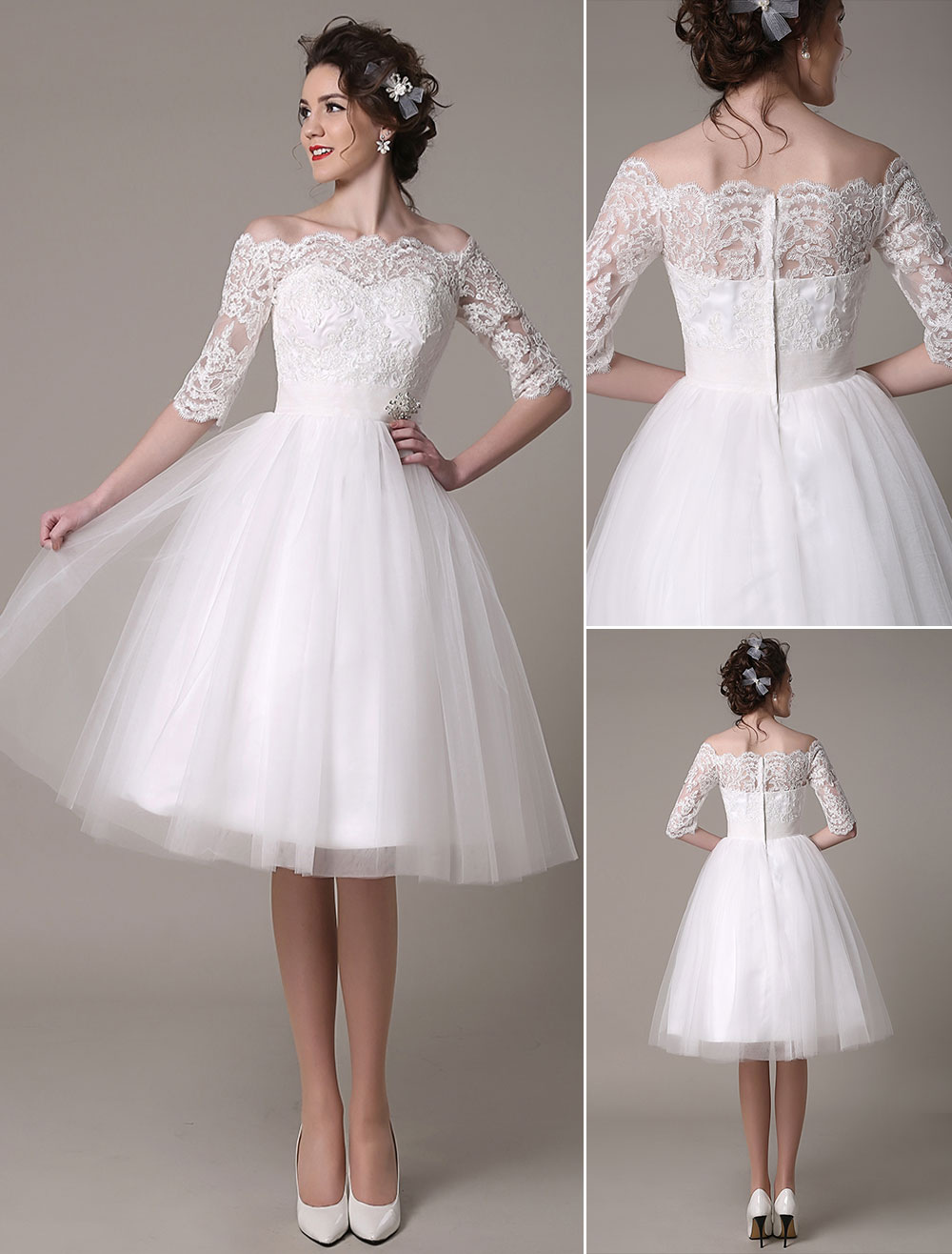 Robe mariée vintage col bateau demi-manche en dentelle jupe en tulle courte au dessus de genou Robe de mariage