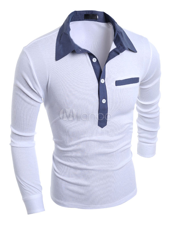 Men's Long Sleeves Polo Shirt In White/Black/Navy - Milanoo.com