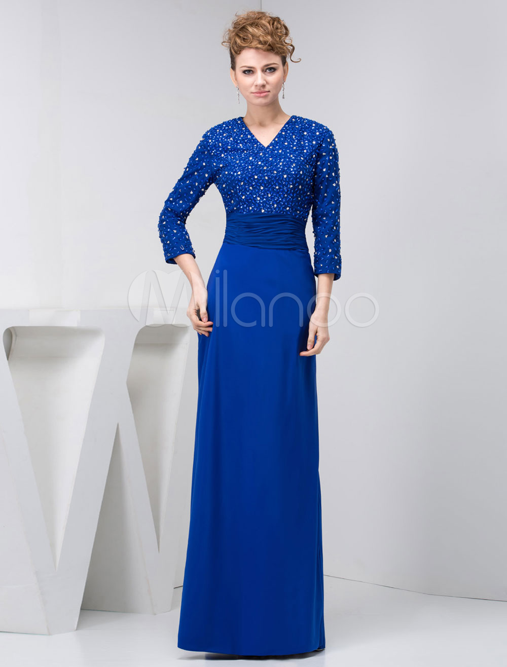 Long Sleeves Mother Of The Bride Dress V-Neck Floor-Length Pleats ...