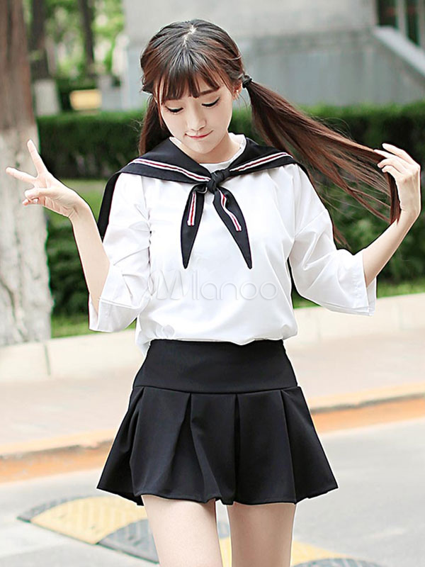 Japanese School Girl Uniform Cosplay Costume Black White Dress Suitcoat 