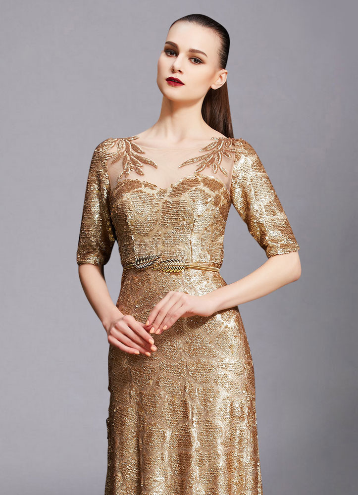 Maxi Evening Dress Unique Gold Lace Illusion Half-sleeve A-line Sequin ...