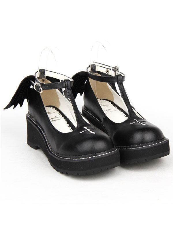 Costumes Lolita | Gothic Lolita Shoes Cross Platform Wedge T-strap Lolita Shoes With Evil Wing - BW69419