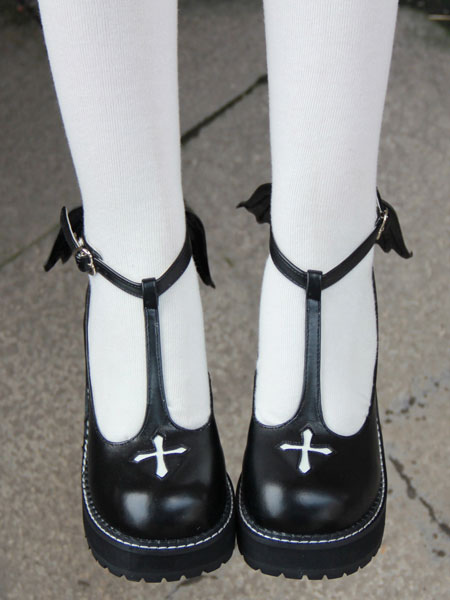 Costumes Lolita | Gothic Lolita Shoes Cross Platform Wedge T-strap Lolita Shoes With Evil Wing - BW69419