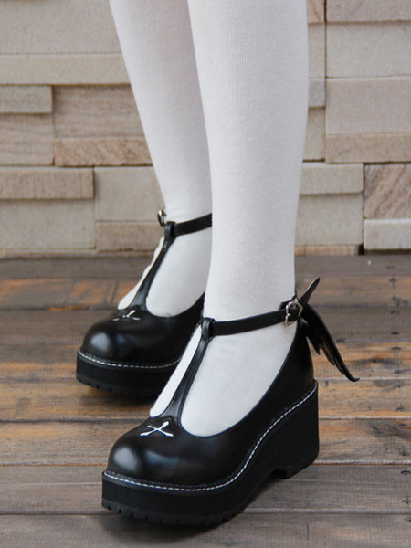 Costumes Lolita | Gothic Lolita Shoes Cross Platform Wedge T-strap Lolita Shoes With Evil Wing - BW69419