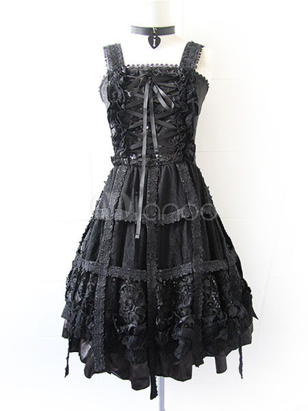 Gothic Lolita Dress Lace Up Ruffled High Waist Jacquard Gothic Lolita ...