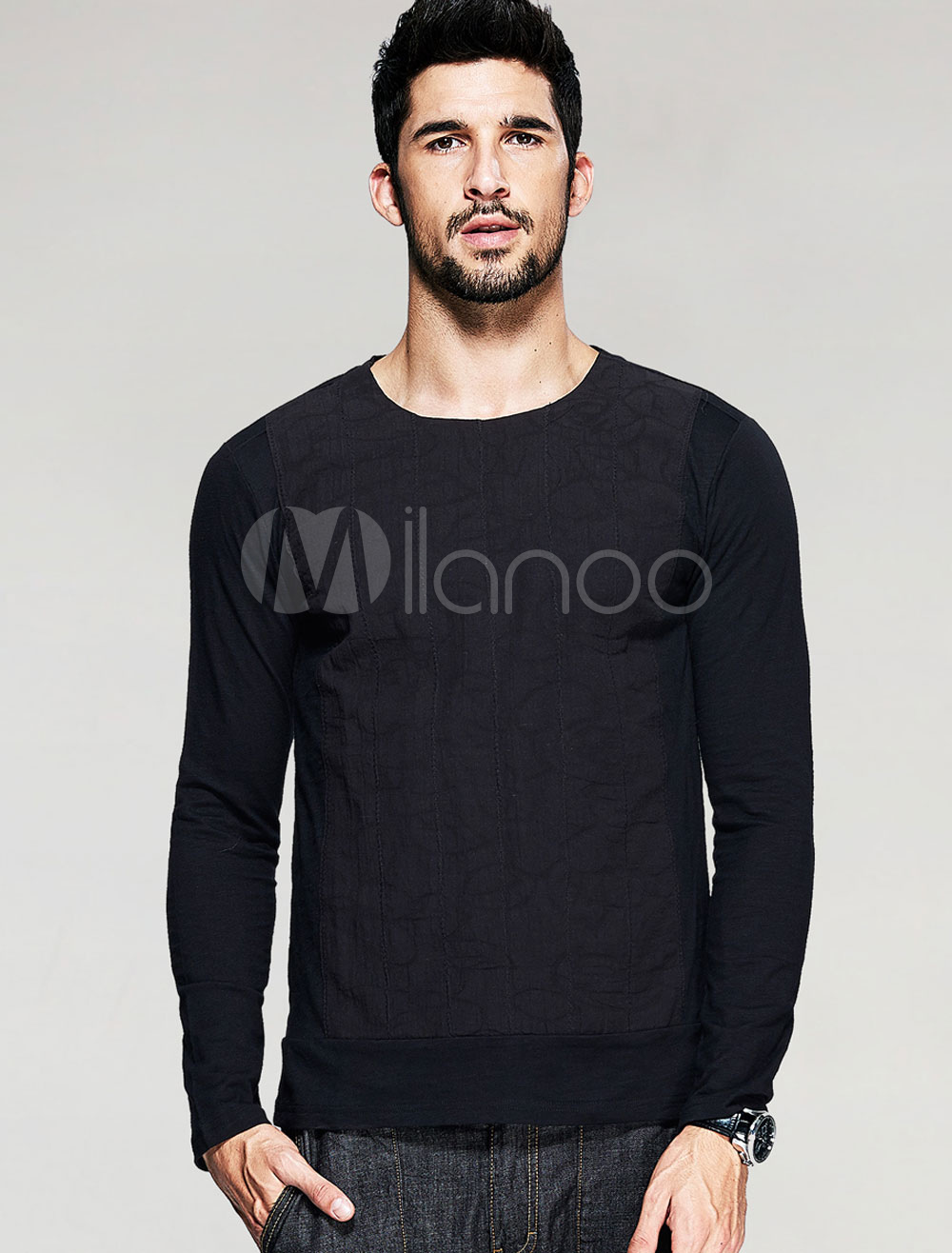 Black Men's T-shirt Cotton Long Sleeve Crewneck Top - Milanoo.com