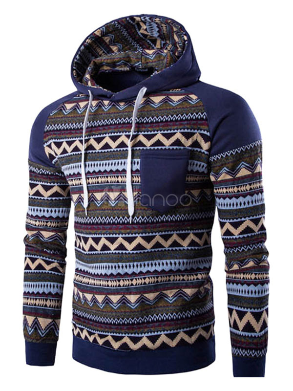 Men's Fleece Hoodie Tribal Print Color Block Hooded Sweatshirt For Men ...