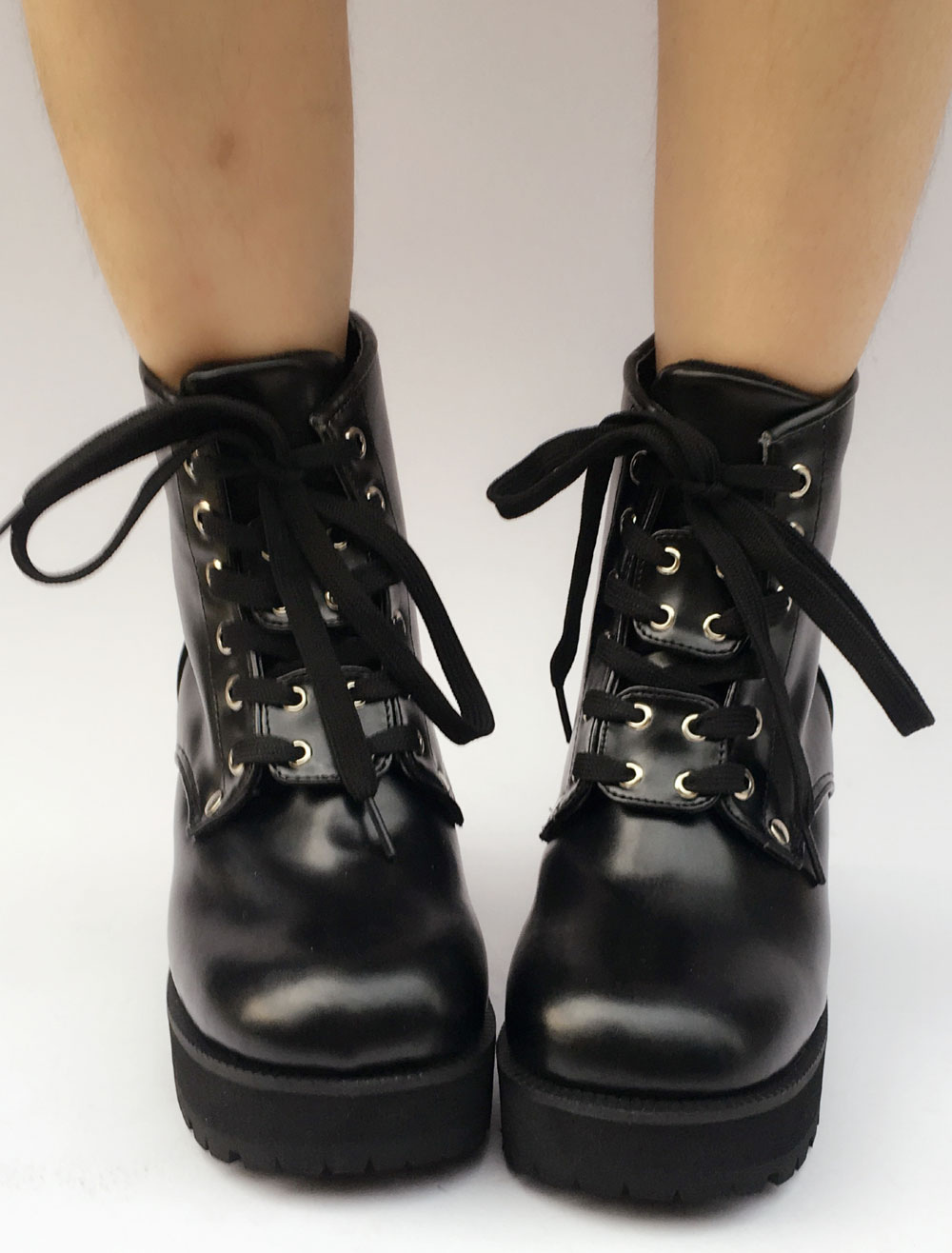 Black Lolita Boots Platform Chunky Heel Round Toe Lace Up Lolita Short ...