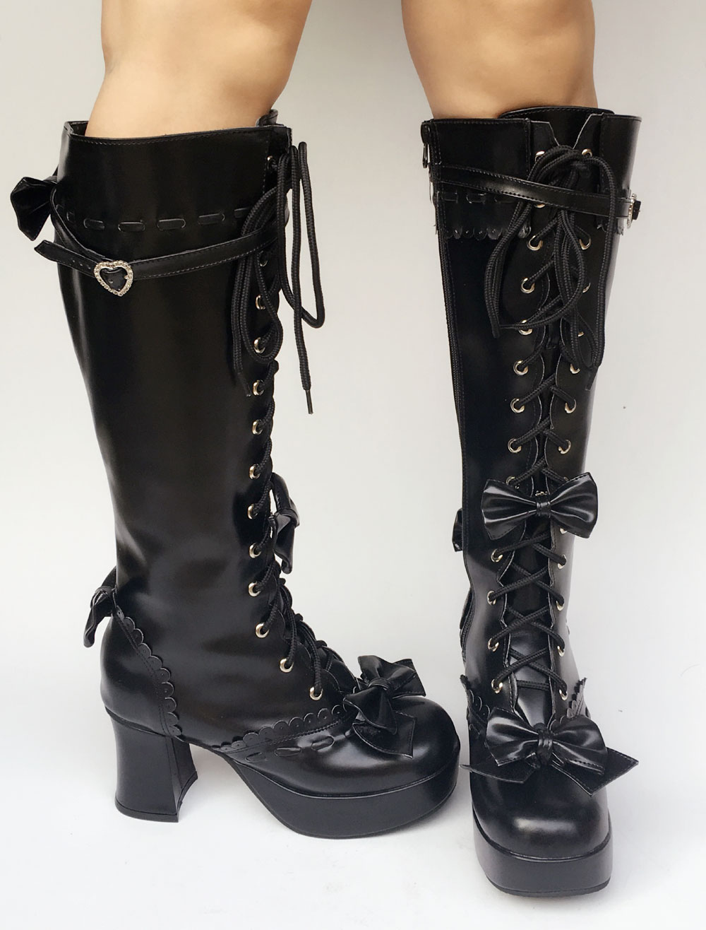 Black Lolita Boots Knee High Chunky Heel Lace Up Platform Buckle Lolita ...