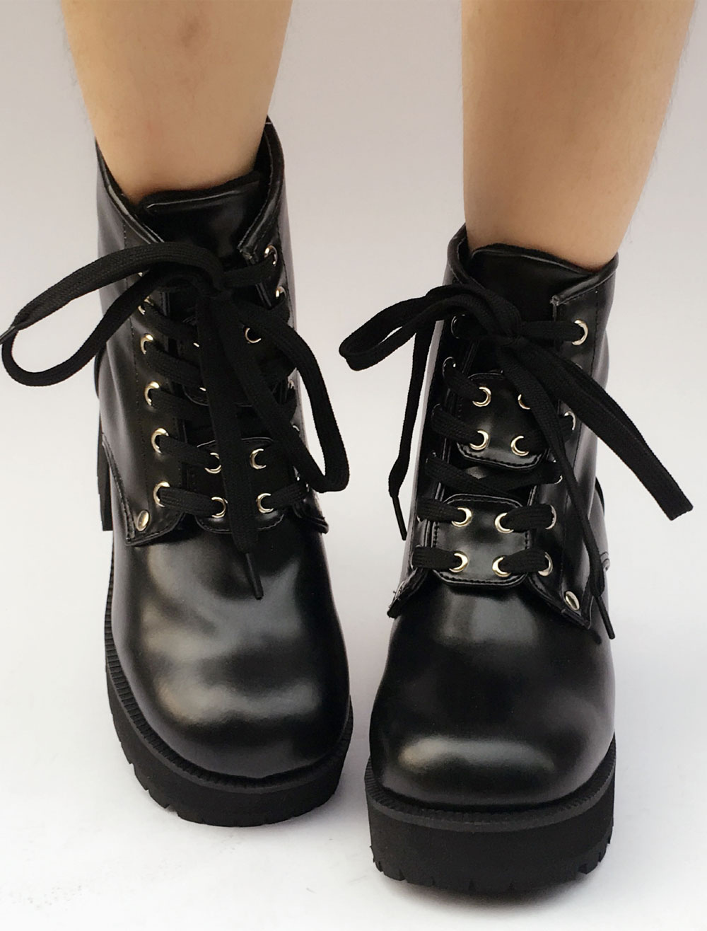 Black Lolita Boots Platform Chunky Heel Round Toe Lace Up Lolita Short ...