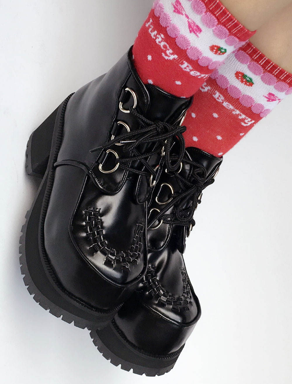 Black Lolita Boots Platform Chunky Heel Diamond Point Toe Lace Up ...