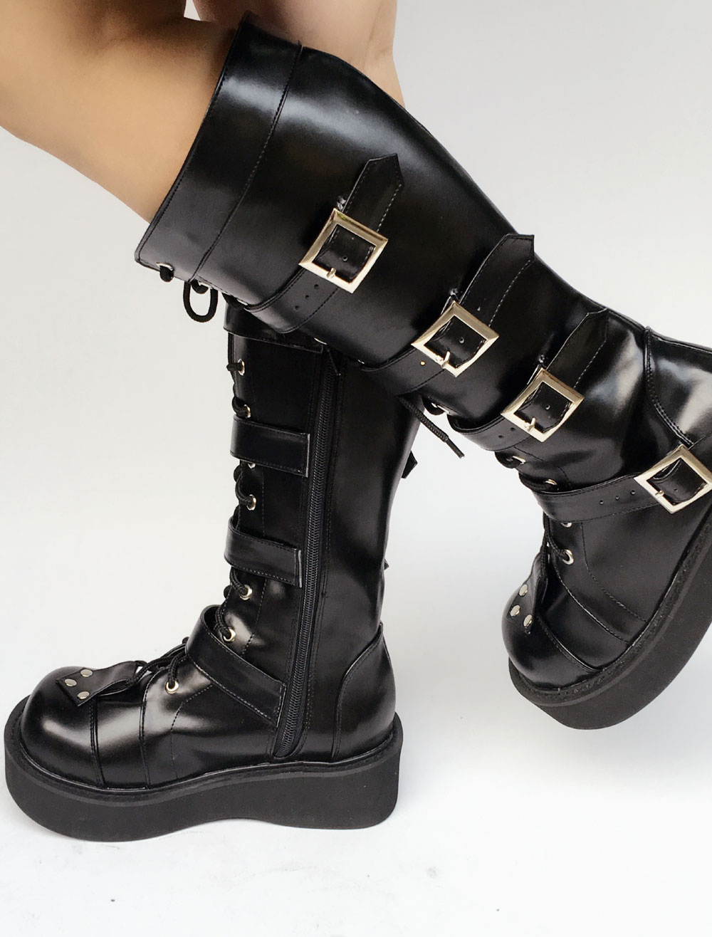 Black Lolita Boots Wedge Platform Round Toe Buckle Lace Up Lolita Short ...