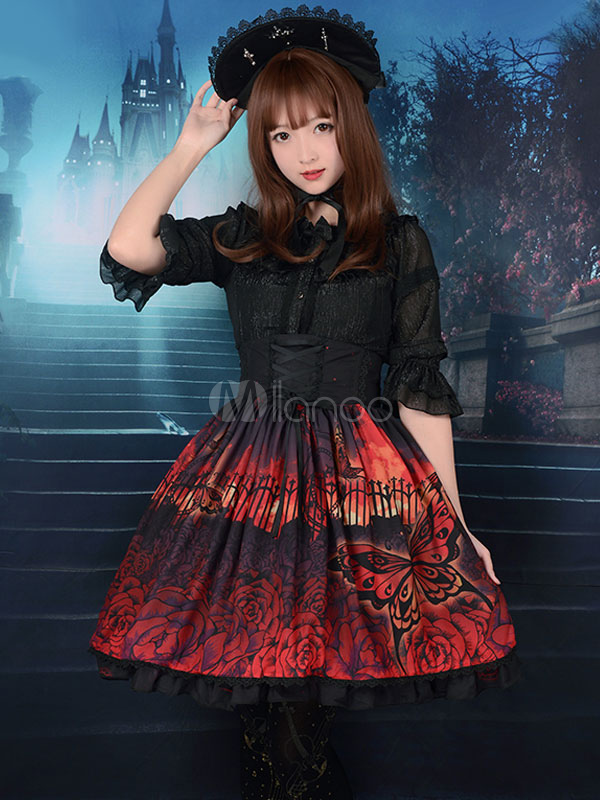 Gothic Lolita Dress SK Butterfly In The Cemeteries Printed Chiffon Lace ...