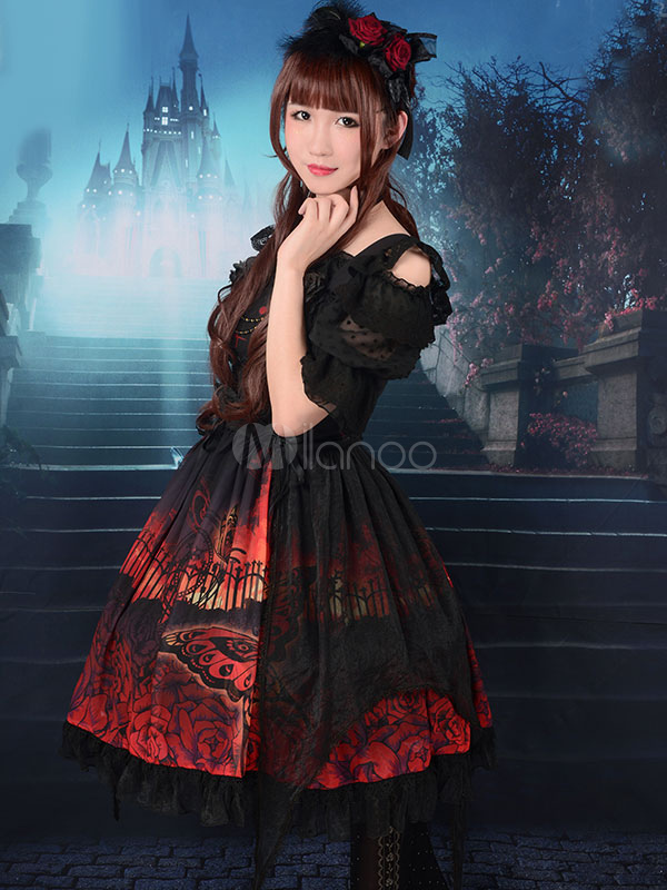 Gothic Lolita Dress JSK Butterfly In The Cemeteries Printed Chiffon ...