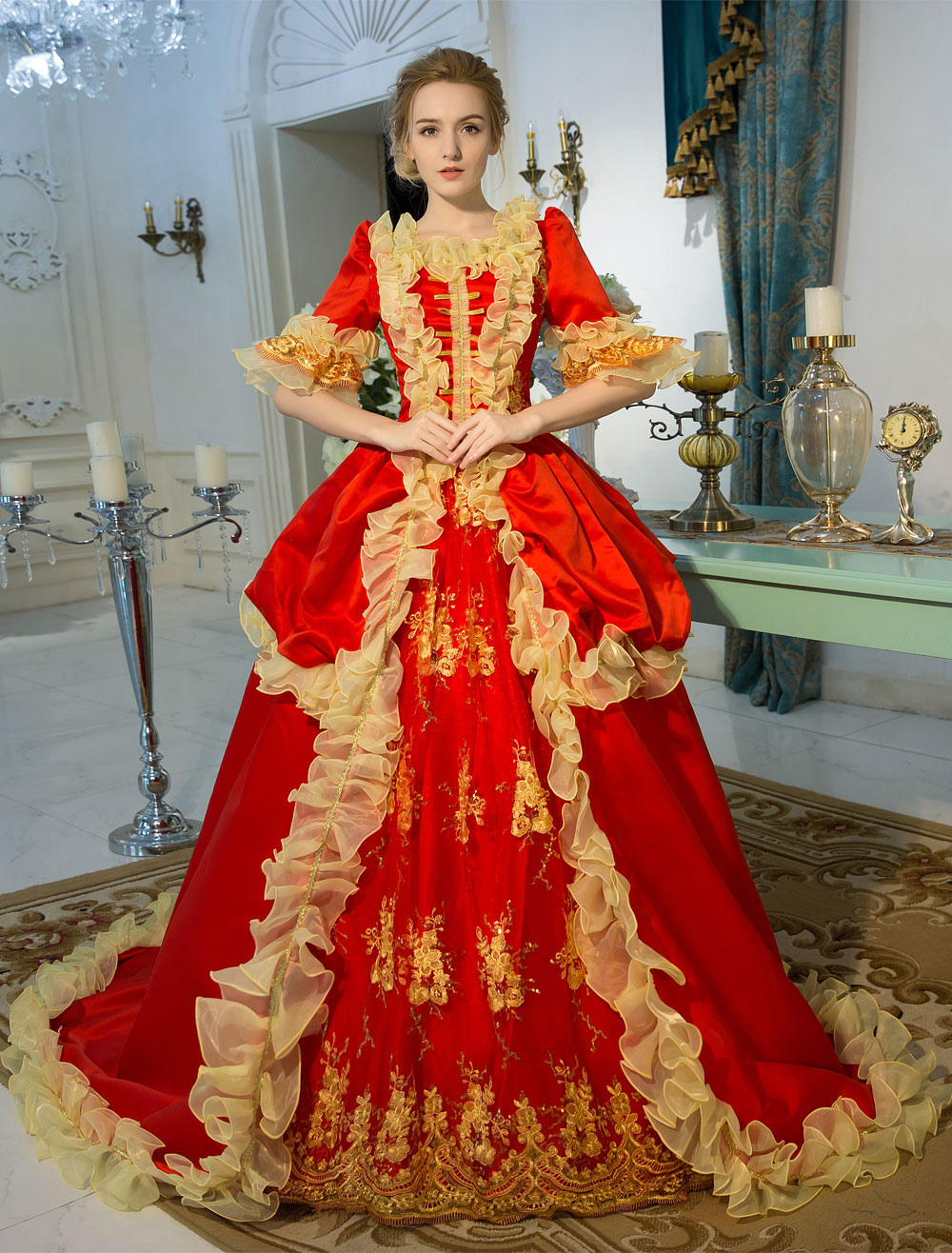 Victorian Dress Costume Red Retro Costume Baroque Embroidered Zipper ...