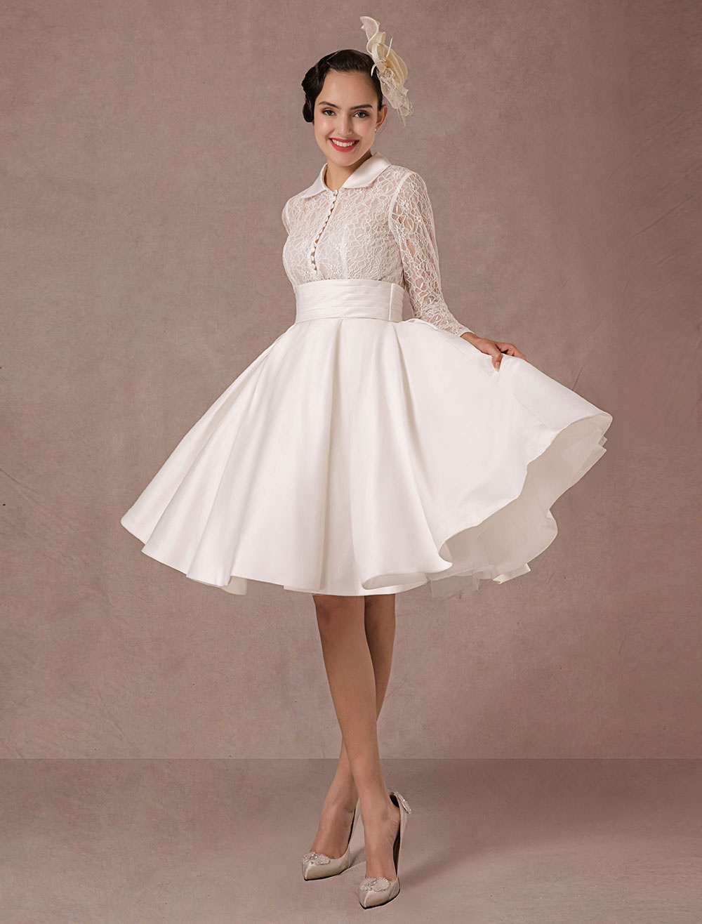 Vintage Wedding Dress Long Lace Sleeves Satin Bridal Gown Short Knee Length Summer Wedding Dresses 2020 Milanoo