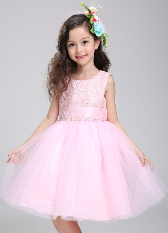 Flower Girl Dress Lace Princess Tutu Dress Tulle Knee Length Pink ...